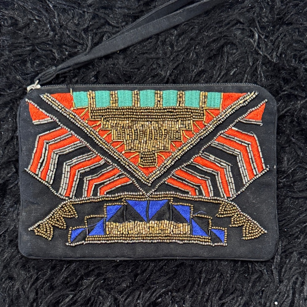 Cato Geometric Beaded Clutch in Black, Red, and Blue